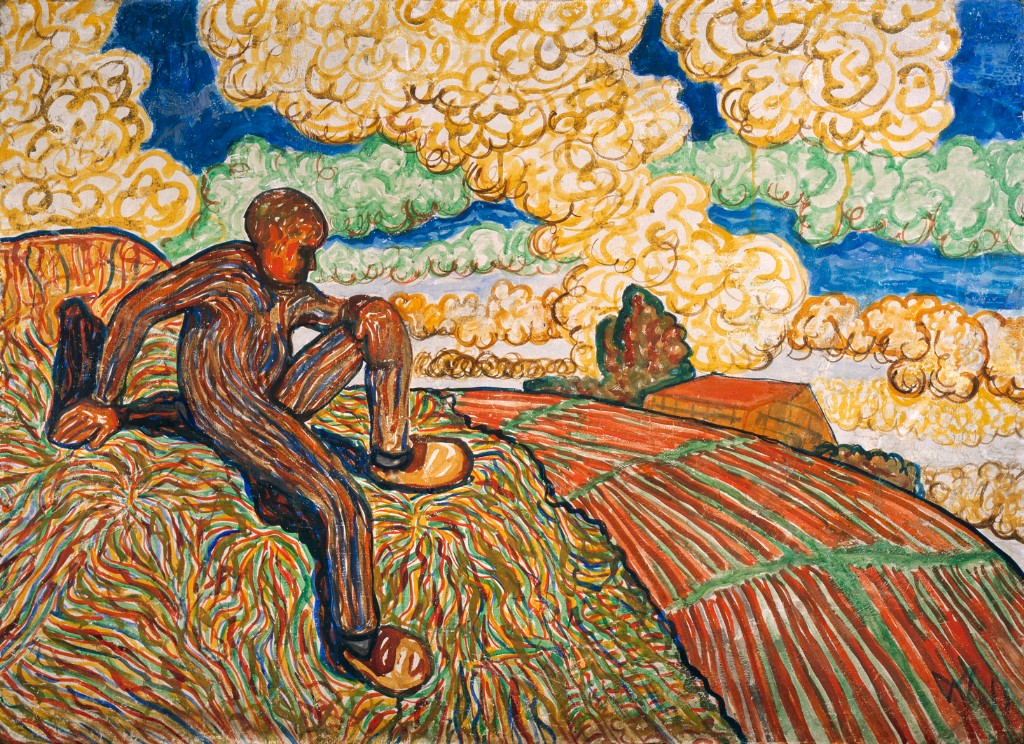 Wilhelm Morgner ((1891-1917), Der Mann auf dem Hügel, 1911, Leimtempera auf Graupappe 85 x 117 cm, © Heinz Feußner, Hamm